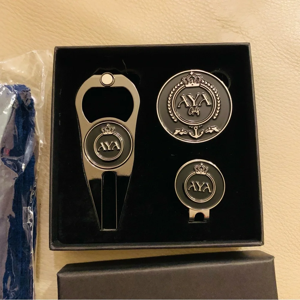 Golf Accessory Set - Blue and Gold/Silver 4 items NEW never used AYA golf